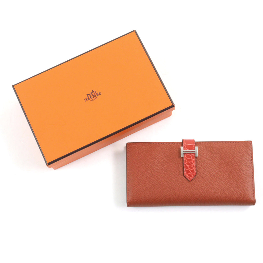 未使用品○HERMES エルメス ベアンスフレ ブリック サンギーヌ Hロゴシルバー金具 ヴォーエプソン アリゲーター 長財布　Z刻印