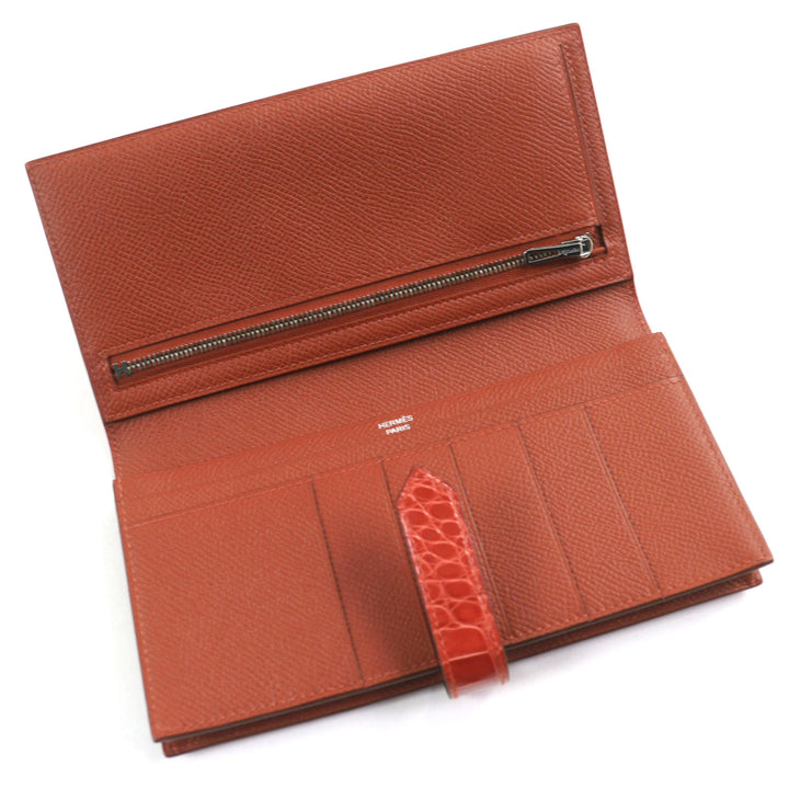 未使用品○HERMES エルメス ベアンスフレ ブリック サンギーヌ Hロゴシルバー金具 ヴォーエプソン アリゲーター 長財布　Z刻印