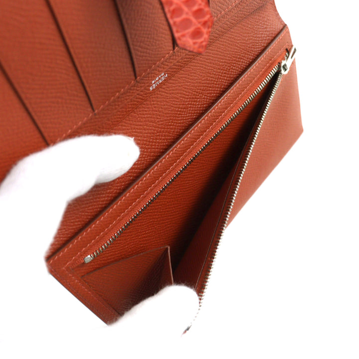 未使用品○HERMES エルメス ベアンスフレ ブリック サンギーヌ Hロゴシルバー金具 ヴォーエプソン アリゲーター 長財布　Z刻印