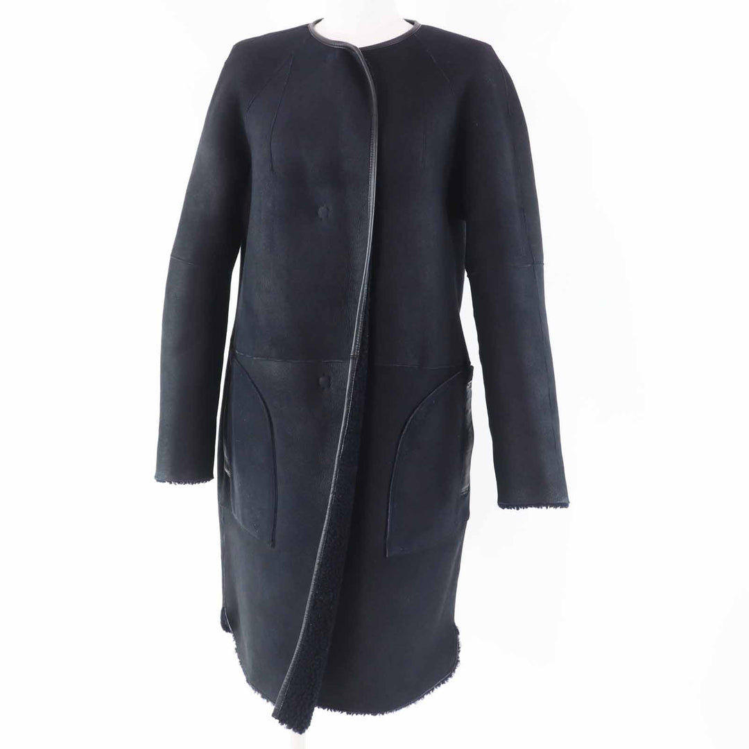 良品◎INES＆MARECHAL イネス＆マーシャル リバーシブル 比翼 ノーカラー ロング丈 ムートンコート ブラック 34 仏製 正規品 レディース