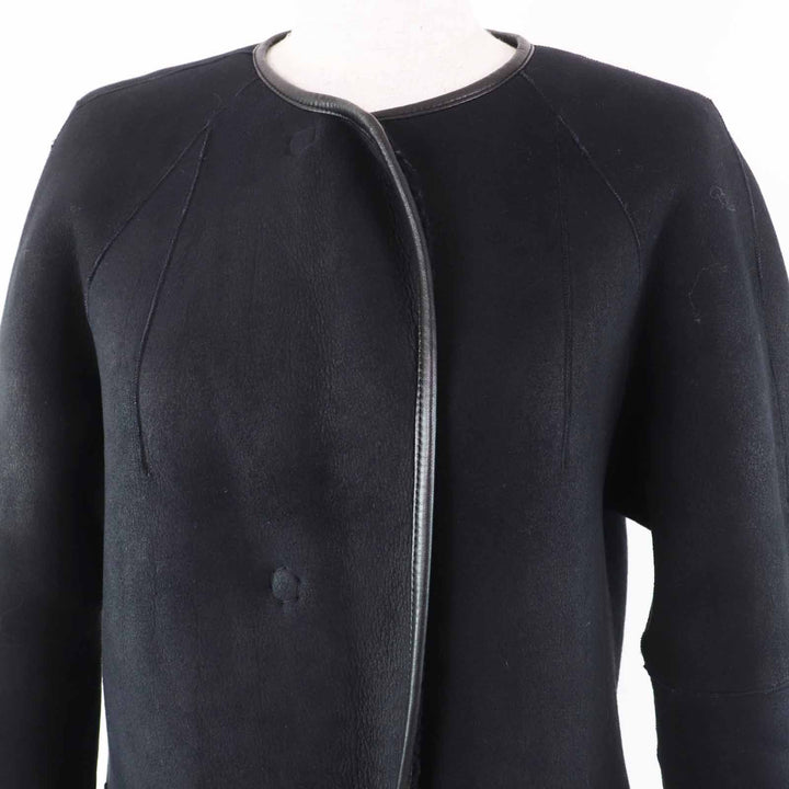 良品◎INES＆MARECHAL イネス＆マーシャル リバーシブル 比翼 ノーカラー ロング丈 ムートンコート ブラック 34 仏製 正規品 レディース
