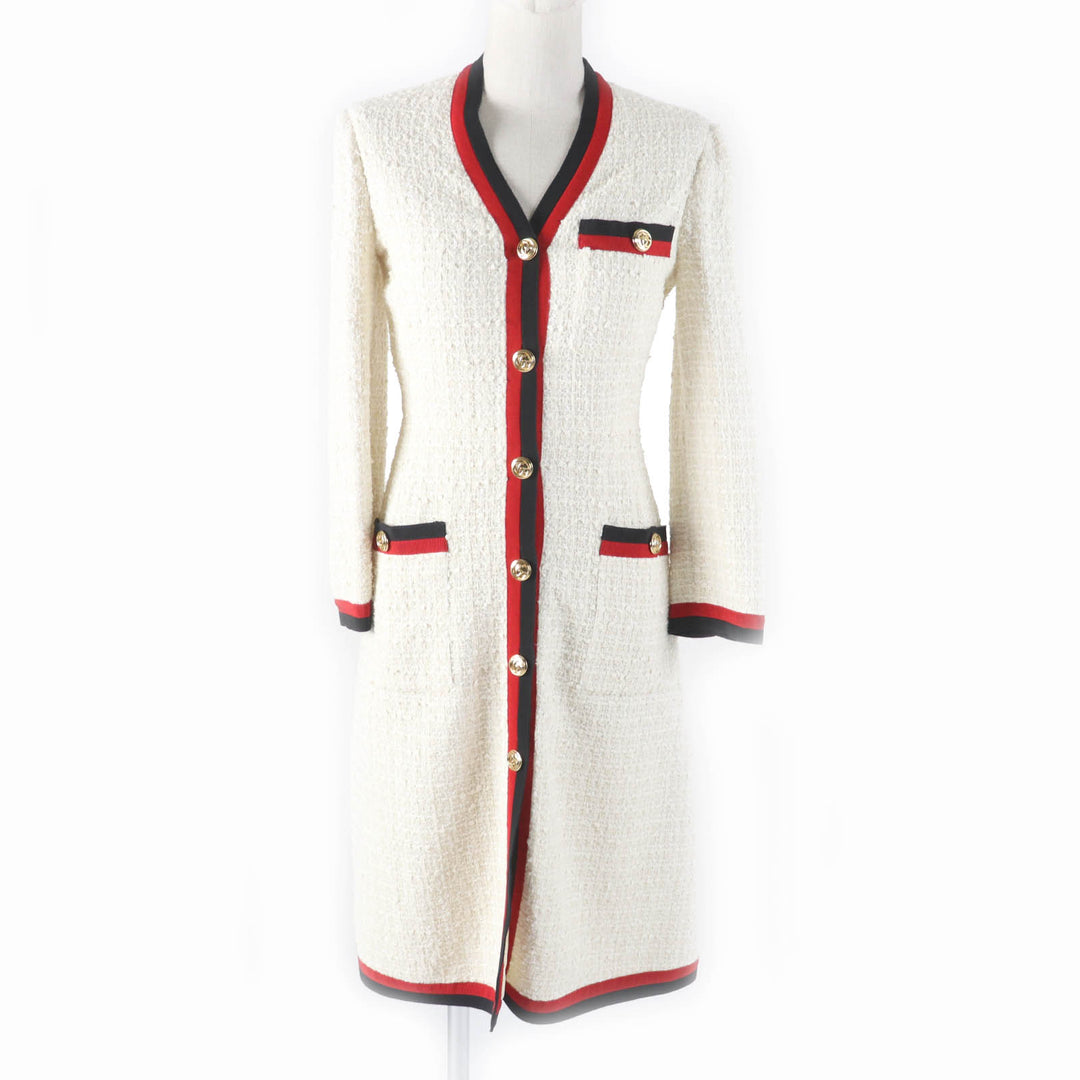 極美品★GUCCI グッチ 19SS 551562 GGボタン付 ウェブライン Vネック ツイード ロング ワンピース オフホワイト 36 正規品 レディース