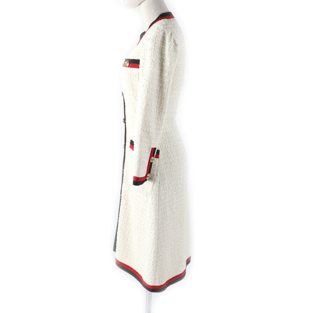 極美品★GUCCI グッチ 19SS 551562 GGボタン付 ウェブライン Vネック ツイード ロング ワンピース オフホワイト 36 正規品 レディース