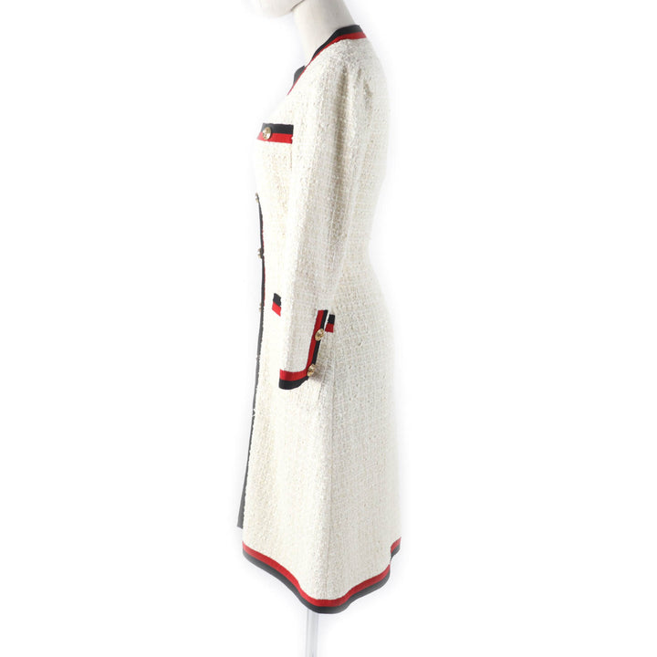 極美品★GUCCI グッチ 19SS 551562 GGボタン付 ウェブライン Vネック ツイード ロング ワンピース オフホワイト 36 正規品 レディース