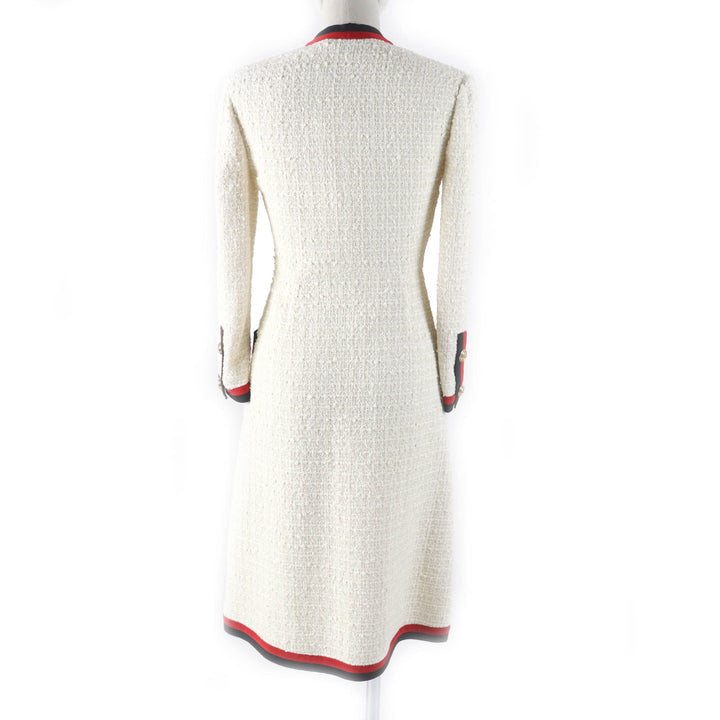 極美品★GUCCI グッチ 19SS 551562 GGボタン付 ウェブライン Vネック ツイード ロング ワンピース オフホワイト 36 正規品 レディース
