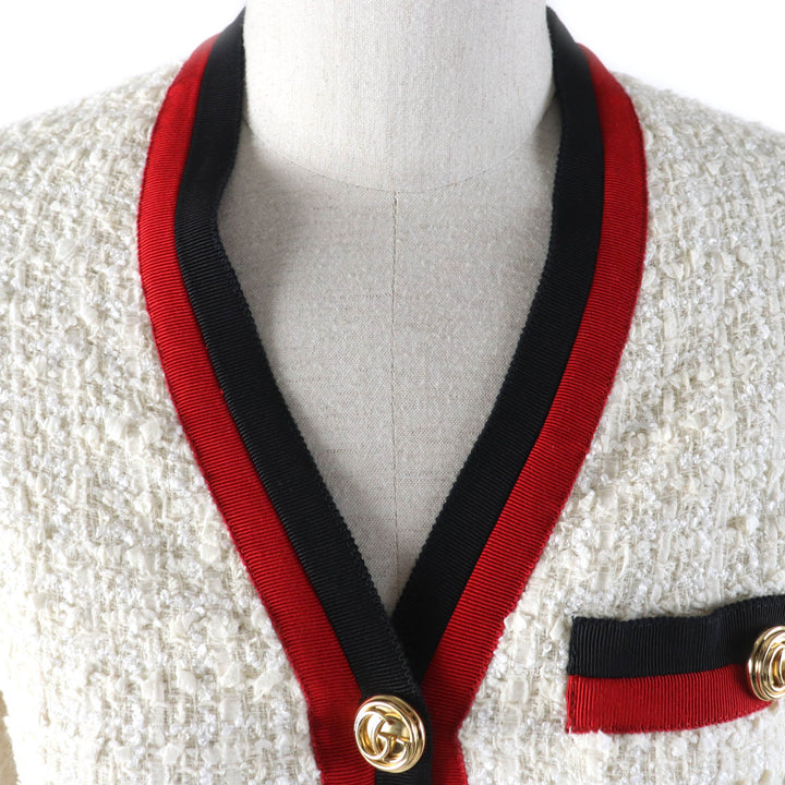 極美品★GUCCI グッチ 19SS 551562 GGボタン付 ウェブライン Vネック ツイード ロング ワンピース オフホワイト 36 正規品 レディース