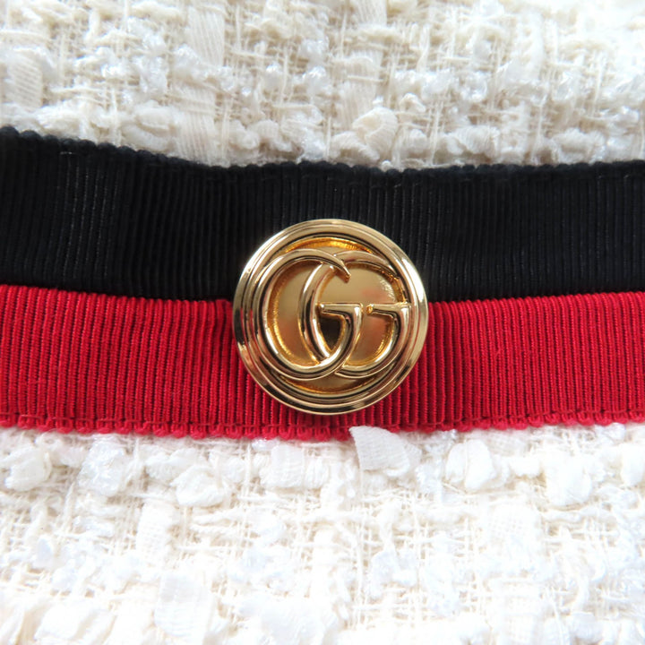 極美品★GUCCI グッチ 19SS 551562 GGボタン付 ウェブライン Vネック ツイード ロング ワンピース オフホワイト 36 正規品 レディース