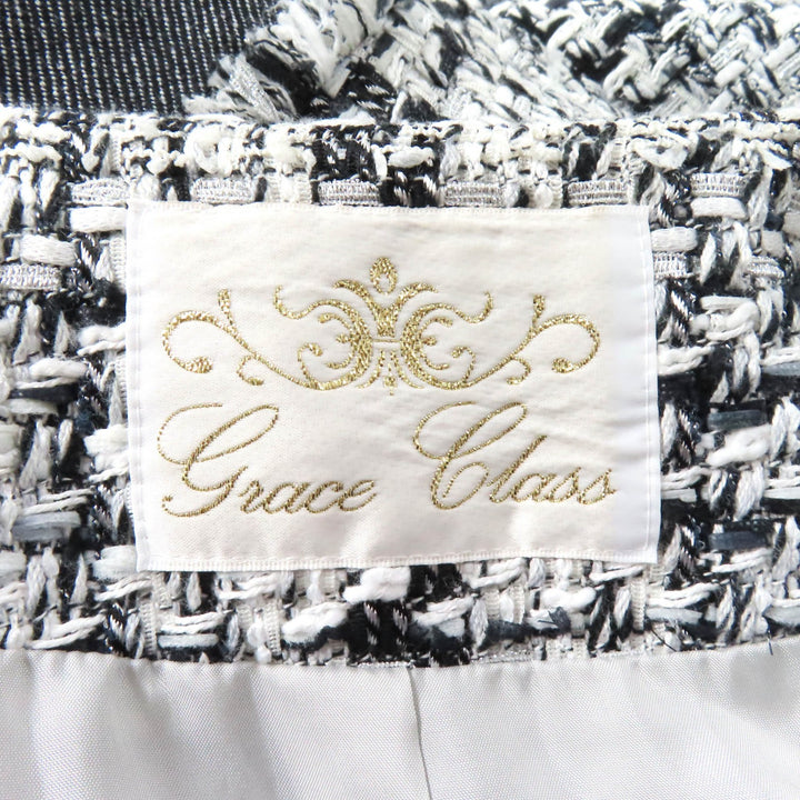 極美品★GRACE Class グレース クラス ジュール・トゥルニエ社製生地使用 ビジューボタン付 ノーカラー ツイードコート 白 黒 36 正規品