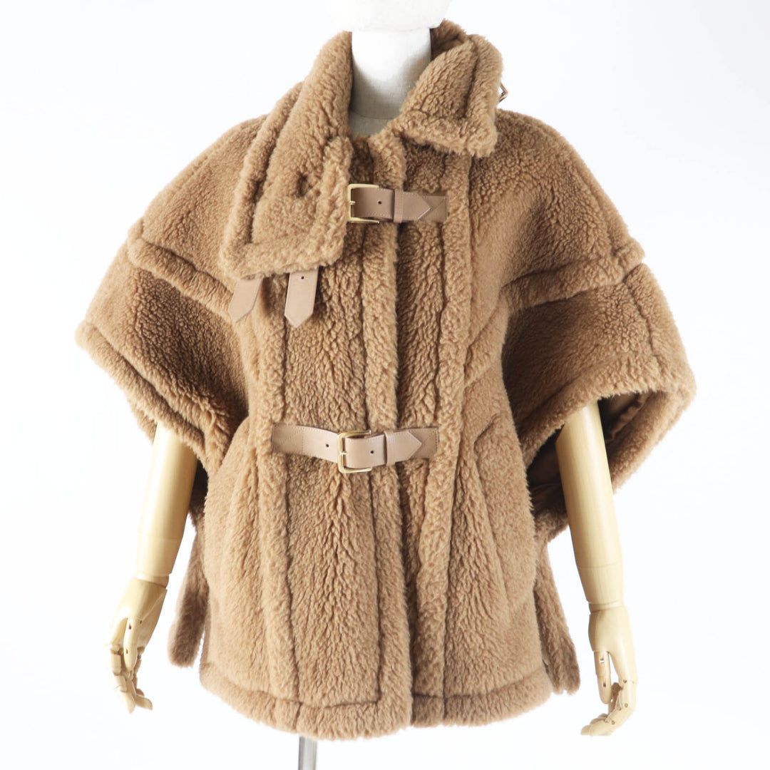 極美品◎Max Mara マックスマーラ 2023年製 白タグ RODANO テディベア キャメル シルク バックルベルト ケープコート ブラウン 165／88A