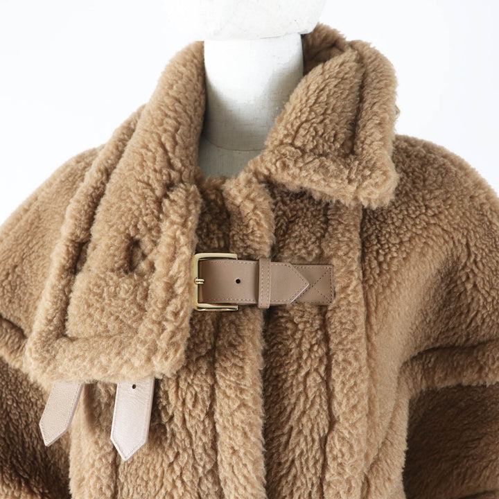 極美品◎Max Mara マックスマーラ 2023年製 白タグ RODANO テディベア キャメル シルク バックルベルト ケープコート ブラウン 165／88A