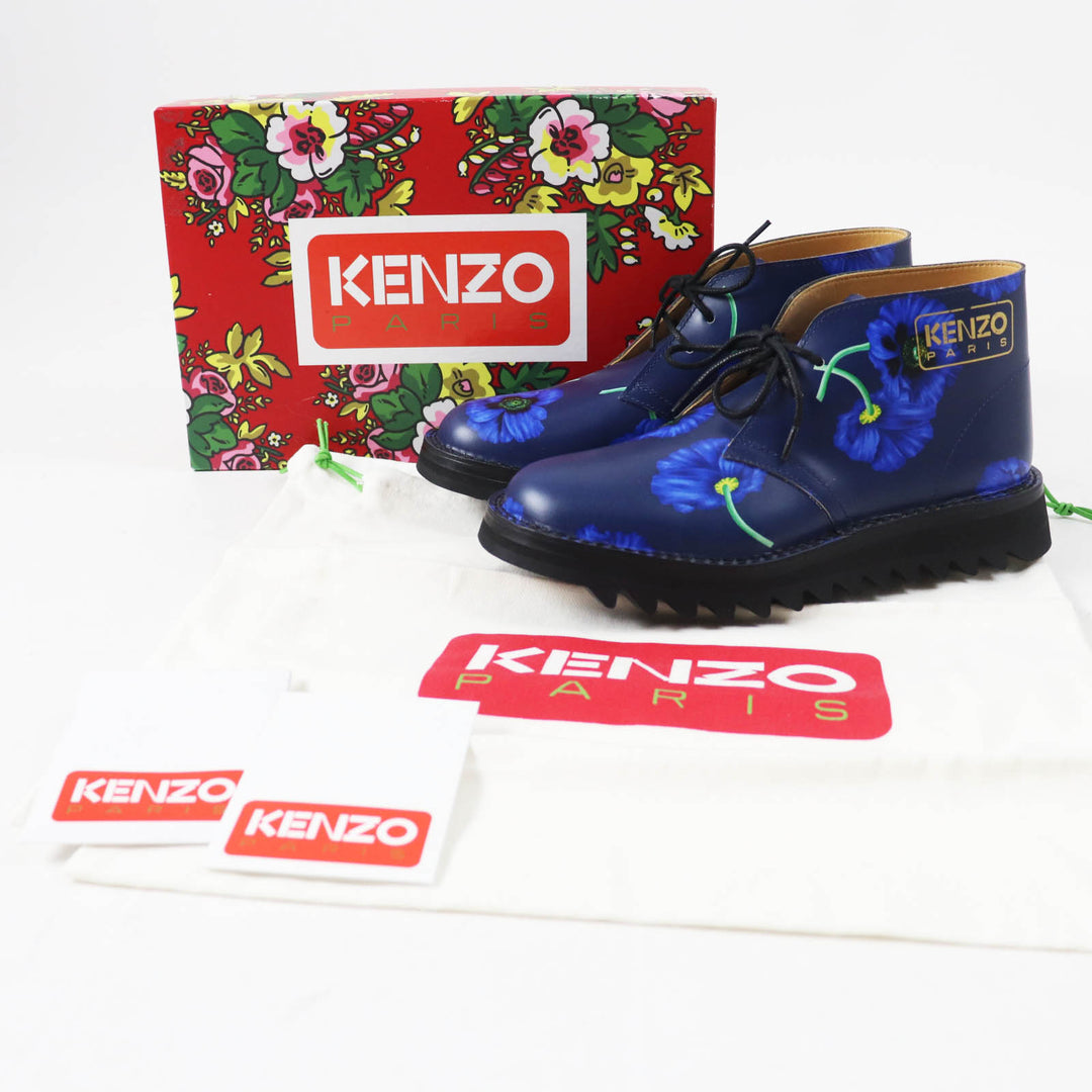 未使用品◎KENZO ケンゾー KENZOWAVE NIGO POPPY プリント レースアップ レザー ショートブーツ ブルー 37 箱・保存袋付き レディース