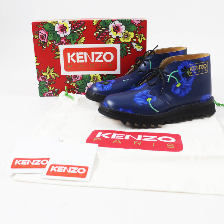 未使用品◎KENZO ケンゾー KENZOWAVE NIGO POPPY プリント レースアップ レザー ショートブーツ ブルー 37 箱・保存袋付き レディース