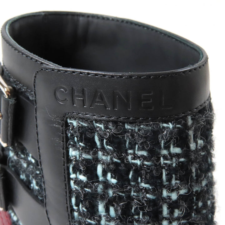 美品★CHANEL シャネル 22B G39334 ベルトデザイン ロゴ入り レザー ツイード アンクルブーツ ブラック ライトブルー 箱・保存袋付き
