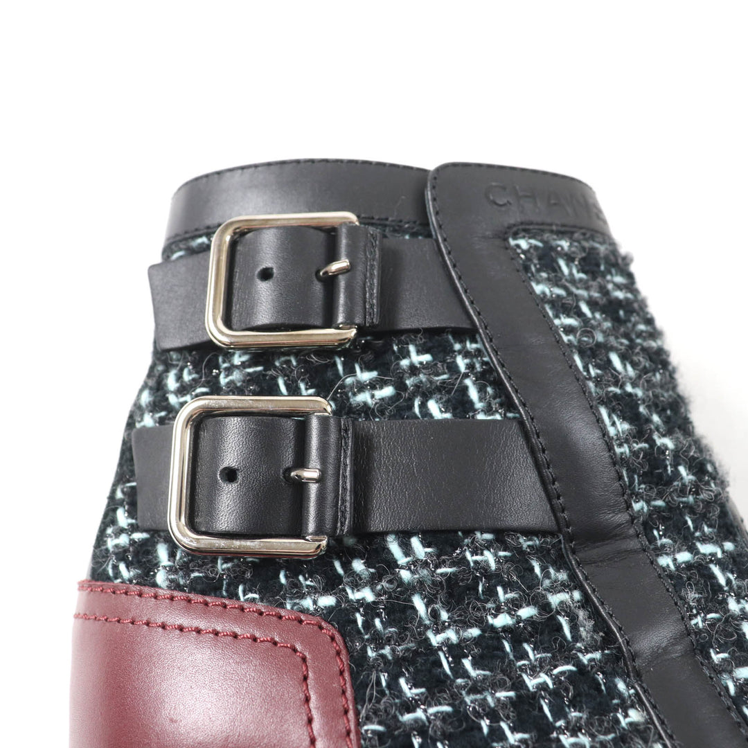 美品★CHANEL シャネル 22B G39334 ベルトデザイン ロゴ入り レザー ツイード アンクルブーツ ブラック ライトブルー 箱・保存袋付き