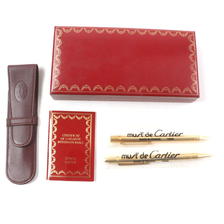 未使用品▼Cartier カルティエ マスト ドゥ カルティエ ノック式 シャープペンシル ツイスト式 ボールペン 2本セット ケース付き メンズ