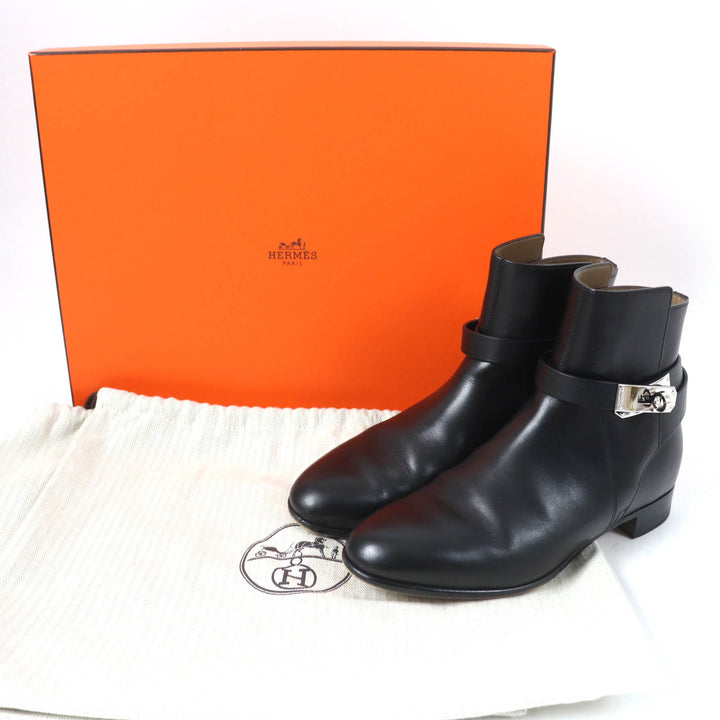 美品☆HERMES エルメス ネオ シルバー金具 ケリーバックル レザー ショートブーツ ブラック 36.5 箱・保存袋付き イタリア製 レディース