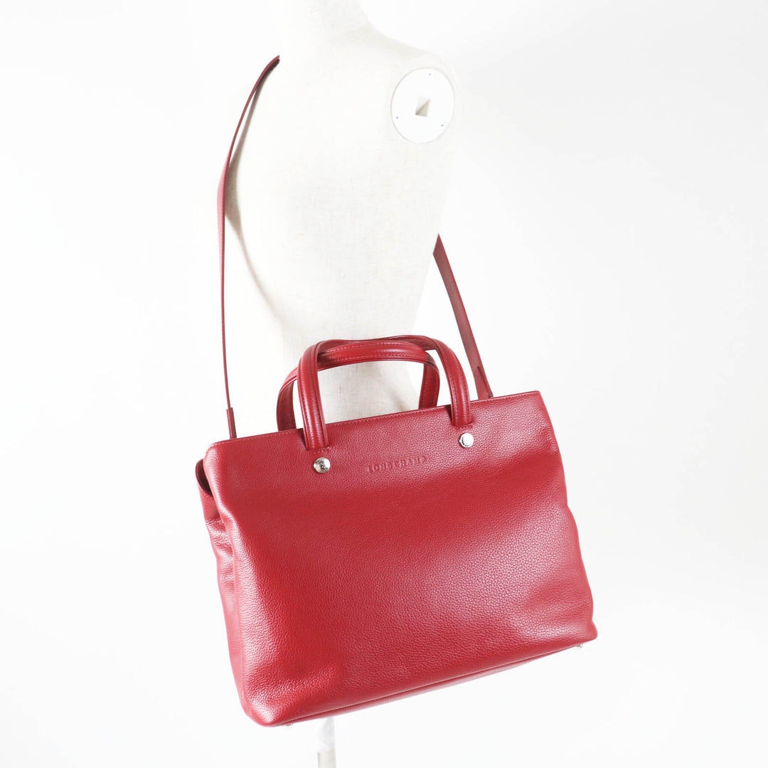 極美品◎Longchamp ロンシャン ル・フローネ ロゴ刻印 2WAY ハンド／レザー ショルダーバッグ レッド シルバー金具　レディース
