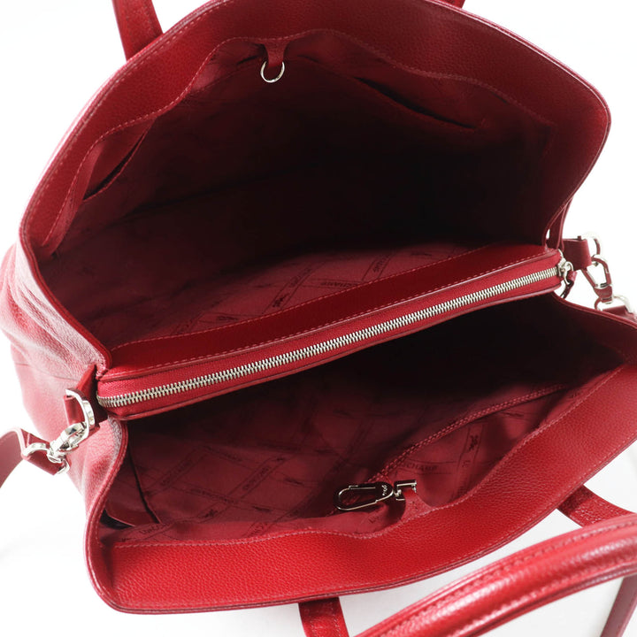 極美品◎Longchamp ロンシャン ル・フローネ ロゴ刻印 2WAY ハンド／レザー ショルダーバッグ レッド シルバー金具　レディース