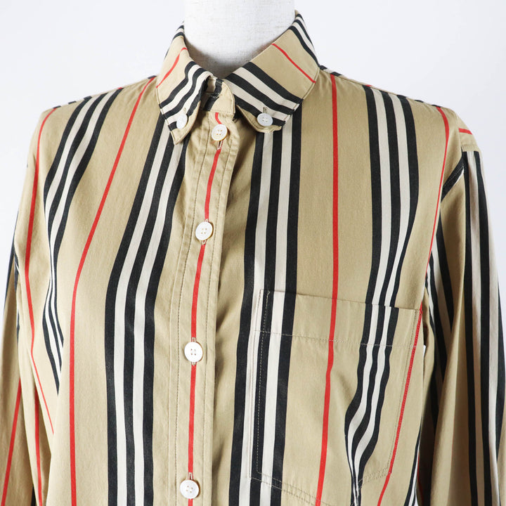 美品◎BURBERRY バーバリー 8011359 コットン アイコンストライプ 長袖シャツ ベージュ 36 正規品 レディース