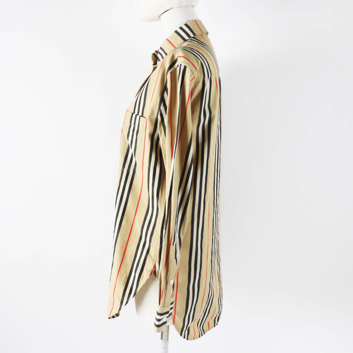 美品◎BURBERRY バーバリー 8011359 コットン アイコンストライプ 長袖シャツ ベージュ 36 正規品 レディース