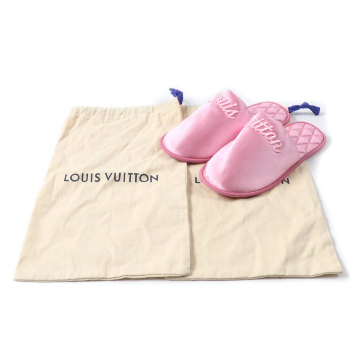 極美品★LOUIS VUITTON ルイヴィトン LVスイート・ライン ミュール ロゴ刺繍入り サテン ルームシューズ スリッパ ピンク 36-37 保存袋付