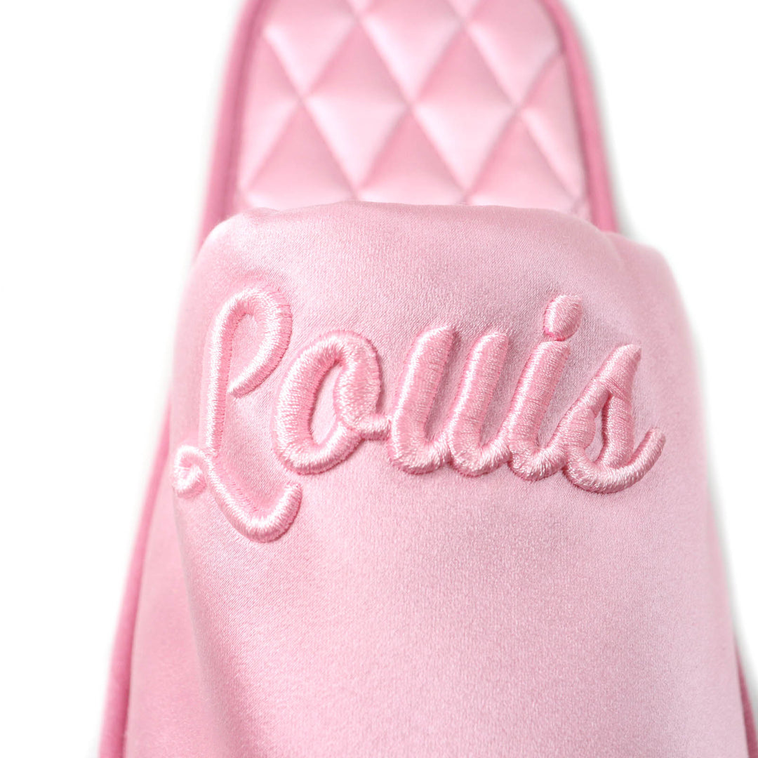 極美品★LOUIS VUITTON ルイヴィトン LVスイート・ライン ミュール ロゴ刺繍入り サテン ルームシューズ スリッパ ピンク 36-37 保存袋付