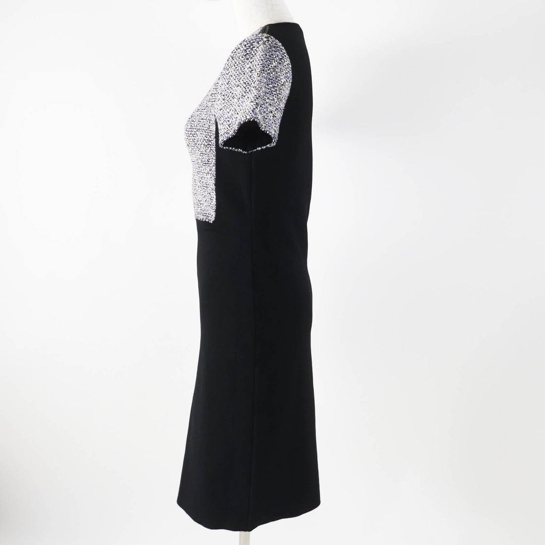 美品◎Salvatore Ferragamo サルヴァトーレフェラガモ ツイード切替 半袖 ワンピース ブルー系 ブラック S イタリア製 正規品 レディース