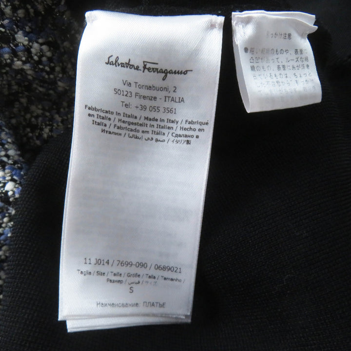 美品◎Salvatore Ferragamo サルヴァトーレフェラガモ ツイード切替 半袖 ワンピース ブルー系 ブラック S イタリア製 正規品 レディース