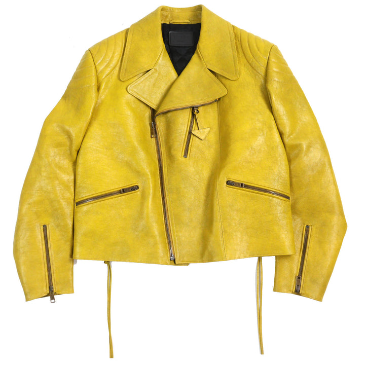 極美品△PRADA プラダ 2021年製 UPW416 カーフスキン トライアングルロゴチャーム 中綿 ダブルライダースジャケット イエロー 48 正規品