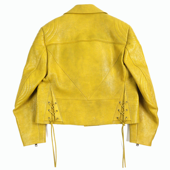 極美品△PRADA プラダ 2021年製 UPW416 カーフスキン トライアングルロゴチャーム 中綿 ダブルライダースジャケット イエロー 48 正規品