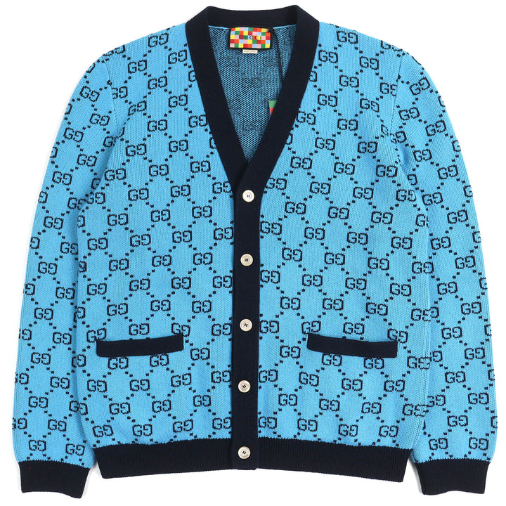 未使用品△GUCCI グッチ 2020年製 661156 ウール コットン GG柄 Vネック ロゴボタン ニット カーディガン ブルー ブラック L 伊製 正規品
