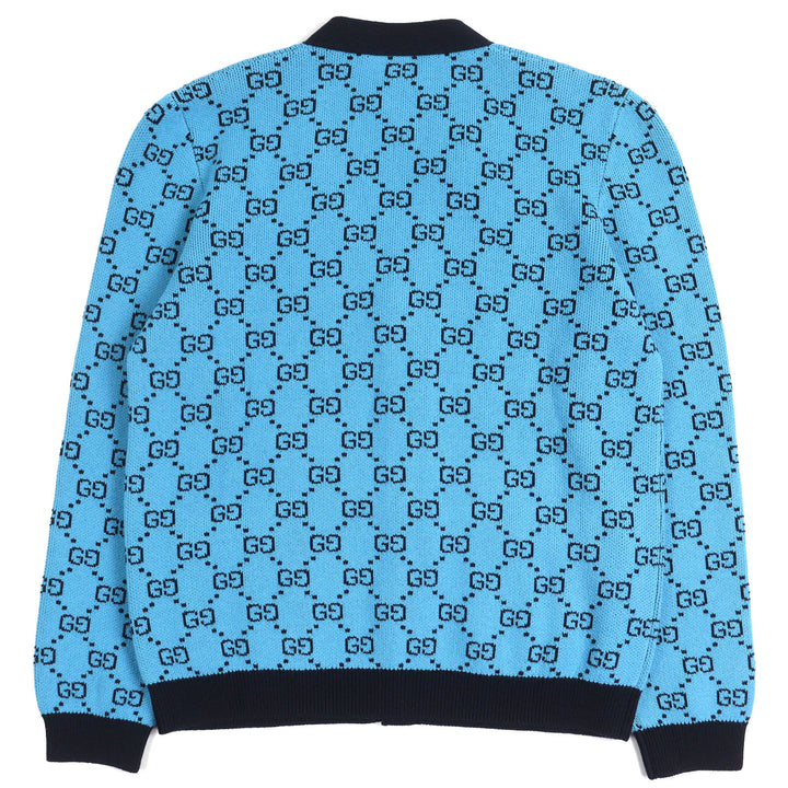 未使用品△GUCCI グッチ 2020年製 661156 ウール コットン GG柄 Vネック ロゴボタン ニット カーディガン ブルー ブラック L 伊製 正規品