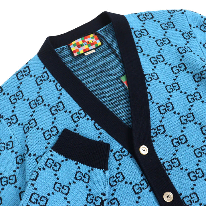 未使用品△GUCCI グッチ 2020年製 661156 ウール コットン GG柄 Vネック ロゴボタン ニット カーディガン ブルー ブラック L 伊製 正規品