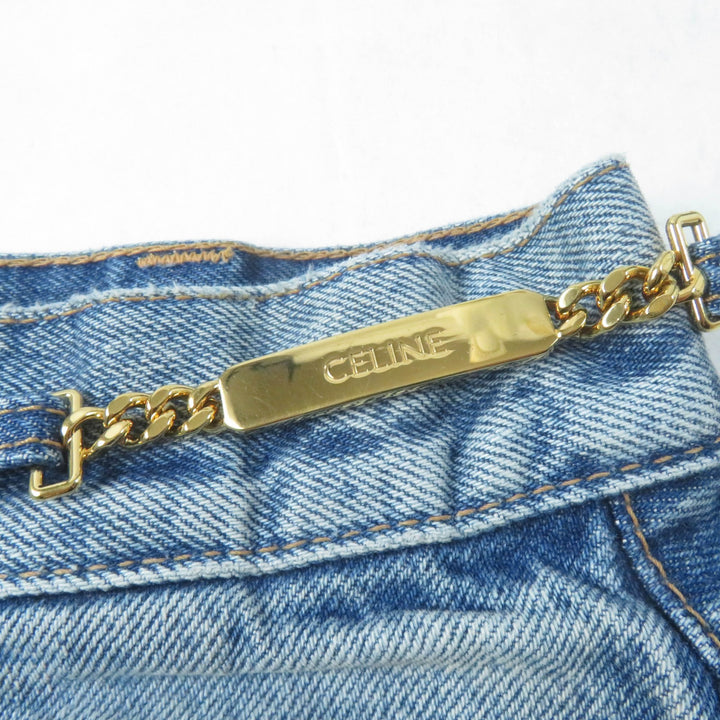 未使用品☆CELINE セリーヌ S195 571Q 08YC コットン ロゴプレートチェーン付 ウォッシュ デニム スカート インディゴ 28 正規品