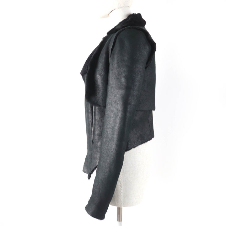 美品☆HELMUT LANG ヘルムートラング シープスキン ドレープ ムートンジャケット ブラック P レディース約Sサイズ相当 正規品 レディース