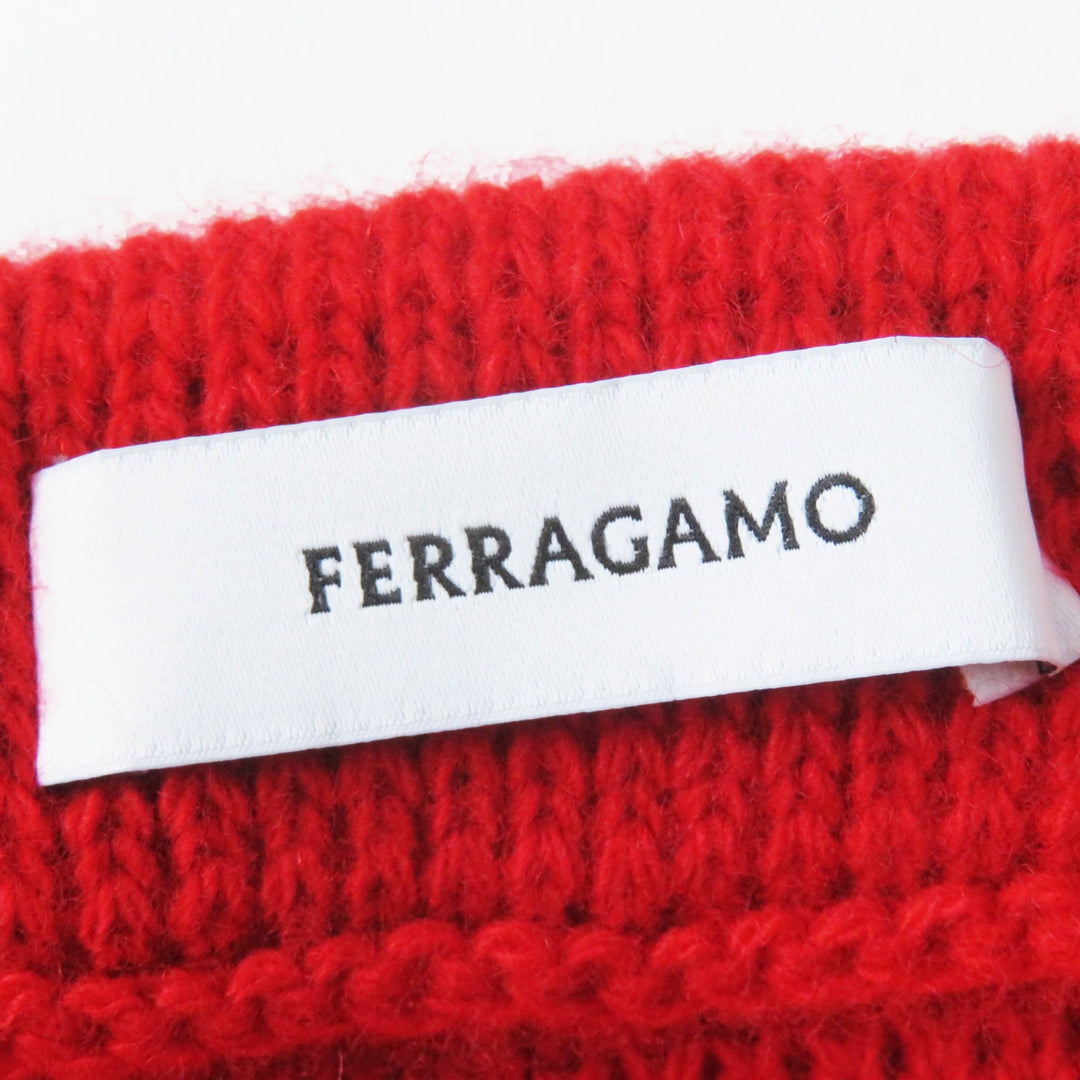 極美品◎Salvatore Ferragamo サルヴァトーレフェラガモ ウール カシミヤ ロゴプレート付 ひざ丈 Aライン ニットスカート レッド M 正規品