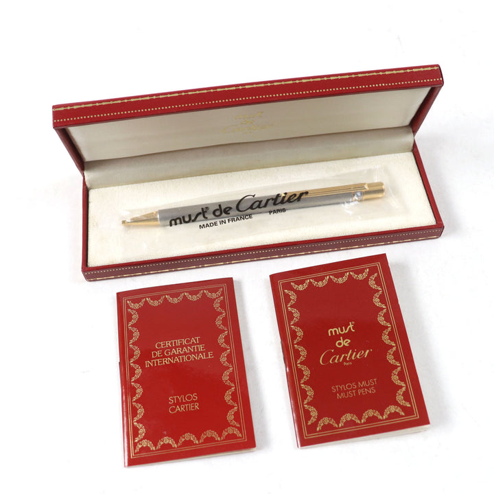 極美品○Cartier カルティエ must de cartier マスト ドゥ カルティエ ロゴ刻印 ツイスト式 ボールペン シルバー ゴールド 仏製 メンズ
