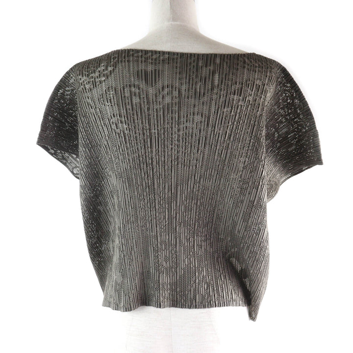 極美品★PLEATS PLEASE プリーツプリーズ イッセイミヤケ PP31-JK653 花柄 総柄 レース クルーネック クロップド丈 半袖 カットソー 茶 3