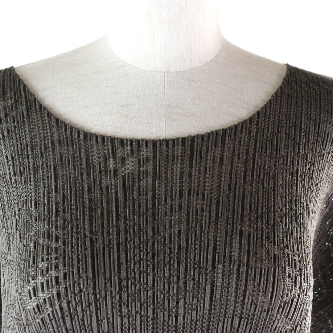 極美品★PLEATS PLEASE プリーツプリーズ イッセイミヤケ PP31-JK653 花柄 総柄 レース クルーネック クロップド丈 半袖 カットソー 茶 3