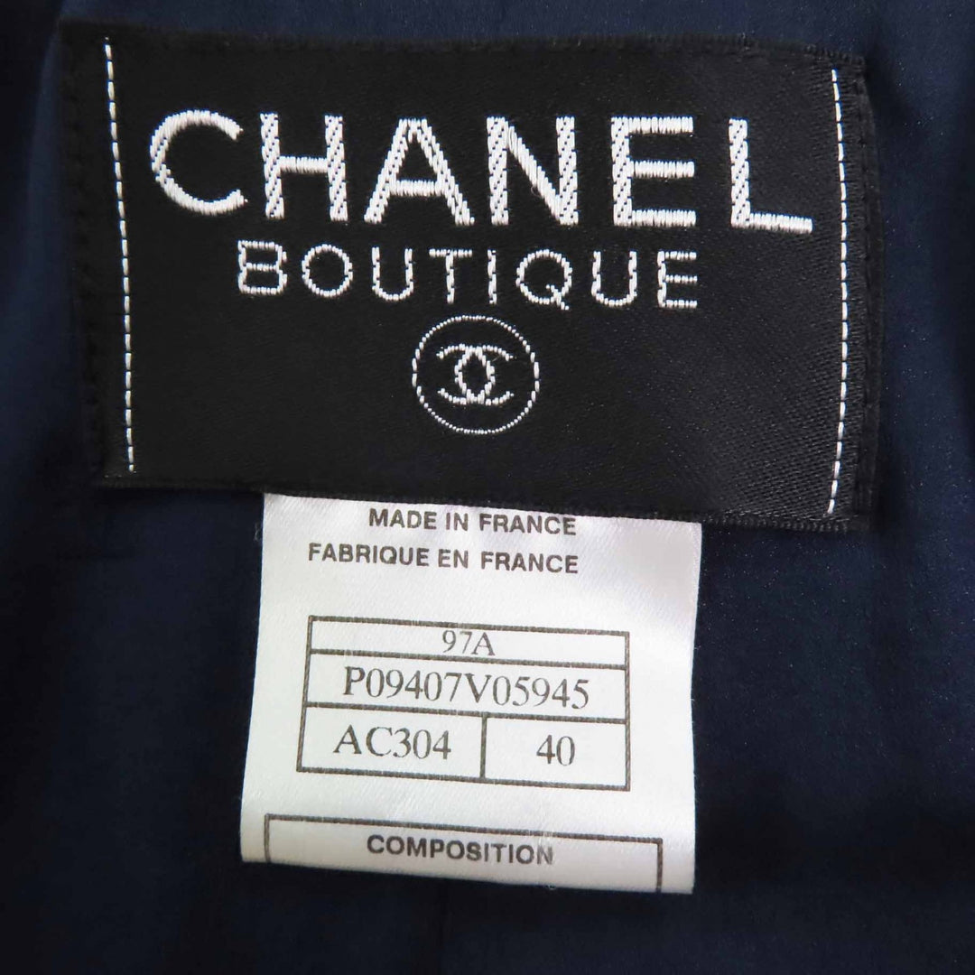極美品◎CHANEL シャネル ヴィンテージ 97A P09407 ココマークプレート付 マルチライン 単色ツイードコート ネイビー 40 仏製 正規品