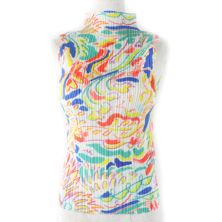極美品☆PLEATS PLEASE プリーツプリーズ イッセイミヤケ PP11-JK221 総柄デザイン ノースリーブ カットソー マルチ 3 正規品 レディース