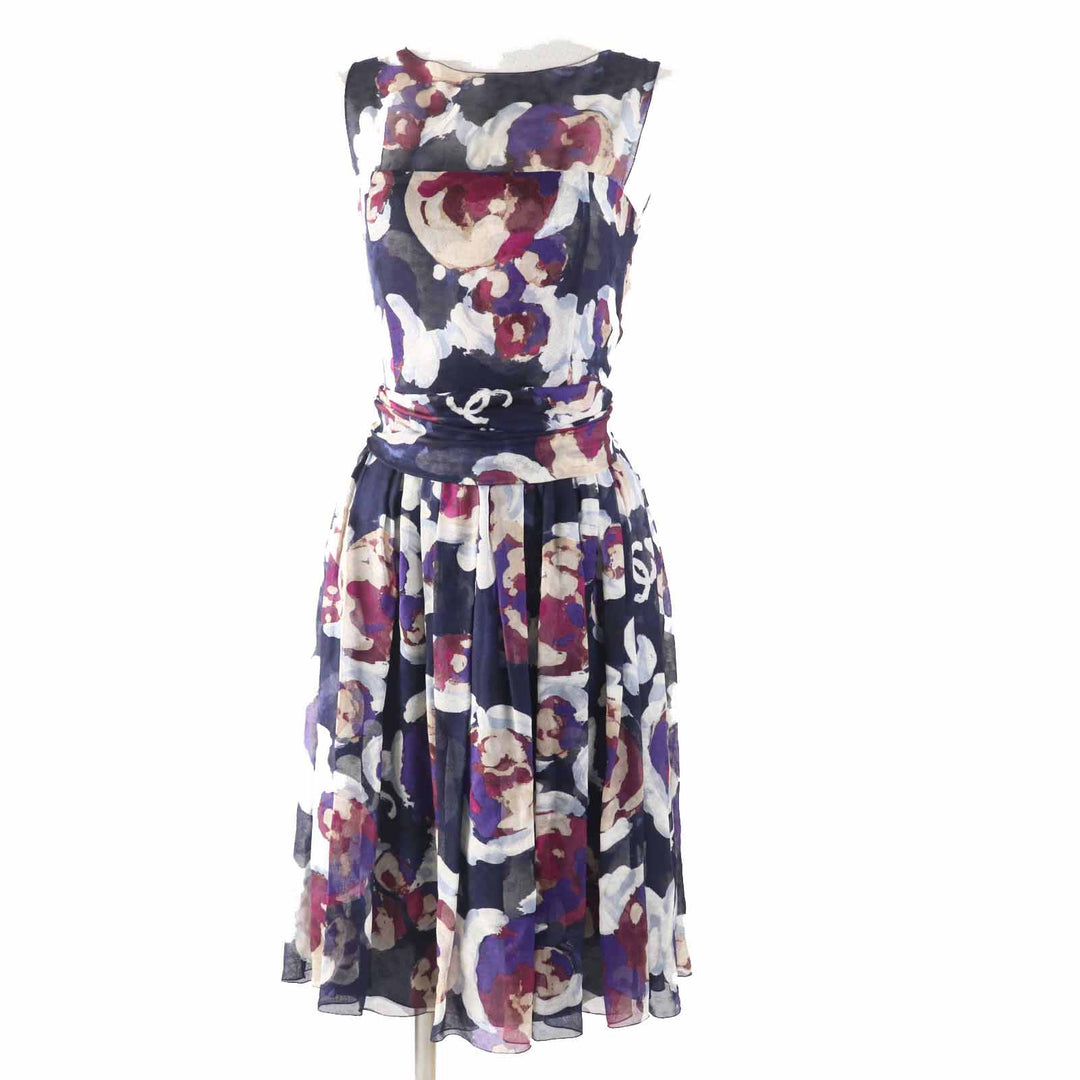 極美品◎CHANEL シャネル P37299 シルク100％ ココマーク カメリア 一部シースルー シフォン生地 ノースリーブ ワンピース マルチ 34 仏製