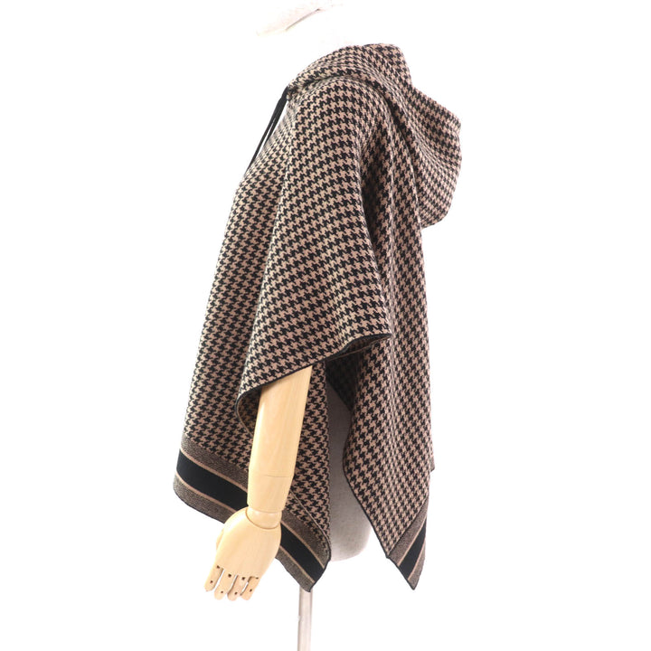 極美品★Christian Dior クリスチャンディオール 024C12AM035 フード付 千鳥格子 ロゴデザイン カシミヤ ケープ ポンチョ 茶 黒 40