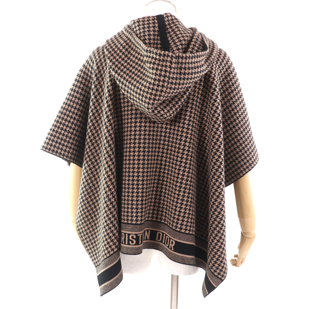 極美品★Christian Dior クリスチャンディオール 024C12AM035 フード付 千鳥格子 ロゴデザイン カシミヤ ケープ ポンチョ 茶 黒 40