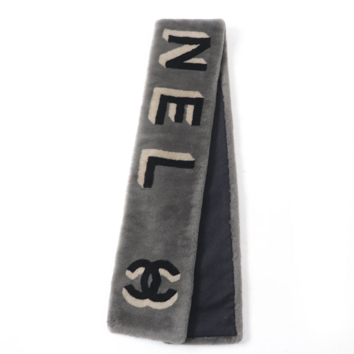 極美品☆CHANEL シャネル 20B AA7074 ムートン 裏地カシミヤ ココマーク・ロゴデザイン ティペット ショール グレー 伊製 レディース