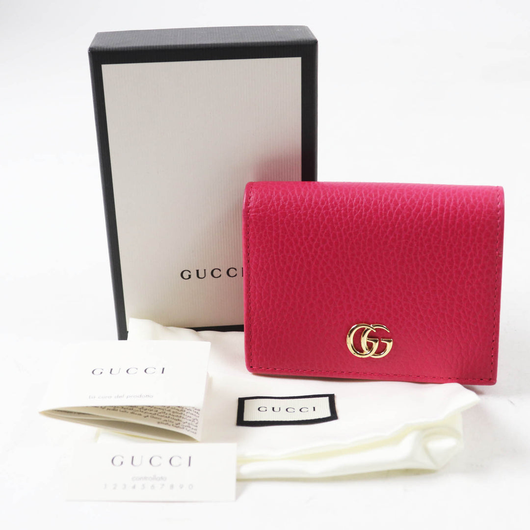 極美品◎GUCCI グッチ 456126 GGマーモント レザー ミニウォレット／二つ折り財布 ショッキングピンク ゴールド金具 箱・保存袋付き 伊製