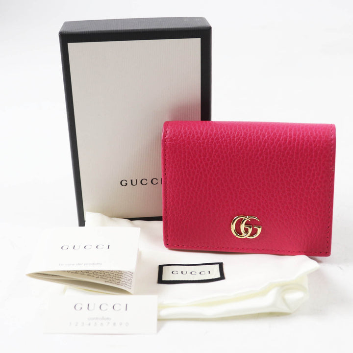 極美品◎GUCCI グッチ 456126 GGマーモント レザー ミニウォレット／二つ折り財布 ショッキングピンク ゴールド金具 箱・保存袋付き 伊製