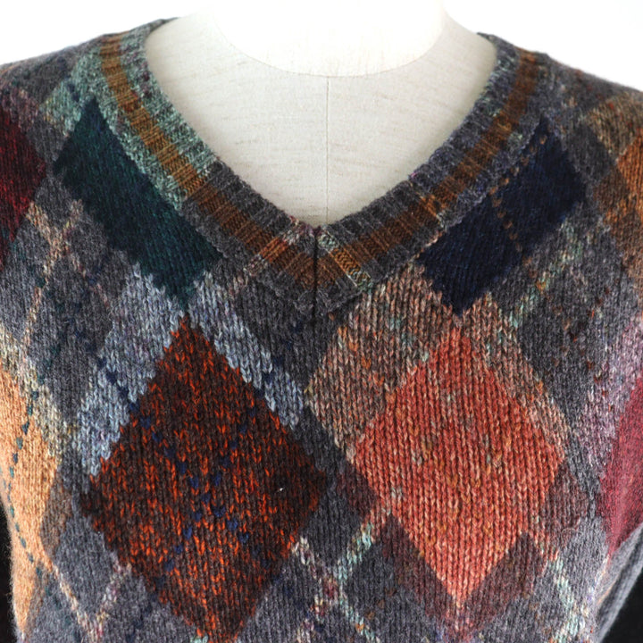 極美品★Christian Dior クリスチャンディオール カシミヤ100％ Bee刺繍 アーガイル柄 Vネック 長袖 ニット マルチ 40 正規品 レディース