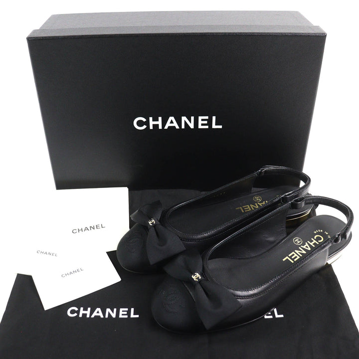 未使用品△CHANEL シャネル G45689 ココマーク リボン スリングバック ラムレザー パンプス ブラック 35.5 箱付 伊製 定価203500円