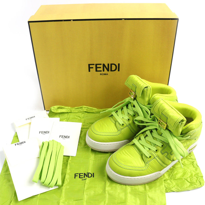 未使用品△FENDI フェンディ 8E8380 バゲットポケット付き FFロゴ レザー使い ハイカットスニーカー ライトグリーン 36 箱付き 伊製